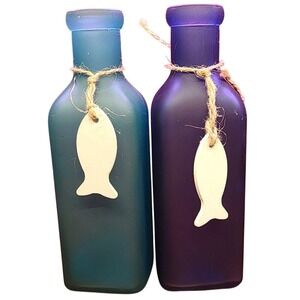 Set of Blue decorative Glass bottles with fish ocean decor‎